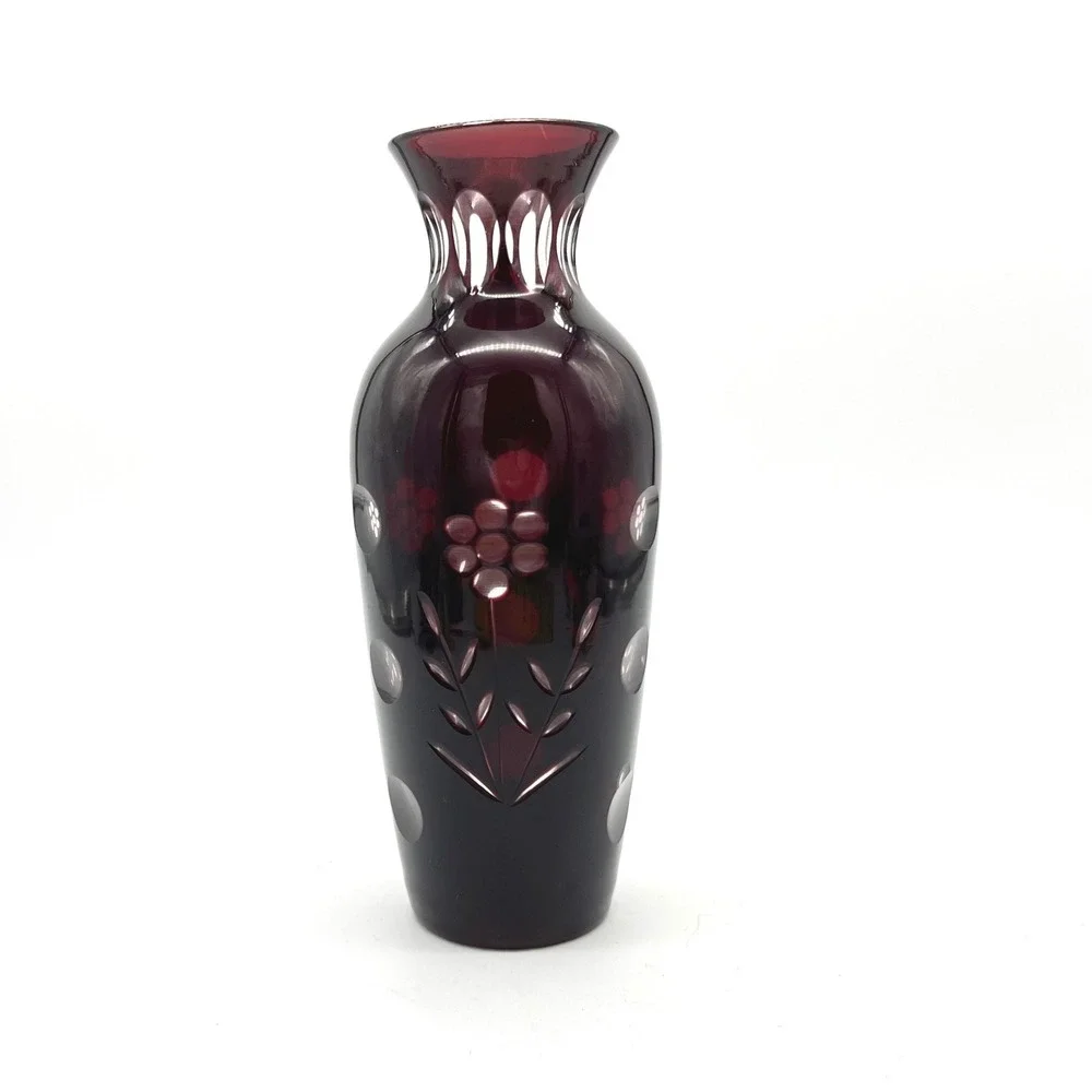 Vintage Bohemian Ruby Red Cut to Clear‎ Floral Glass Vase 7 Inch Cranberry